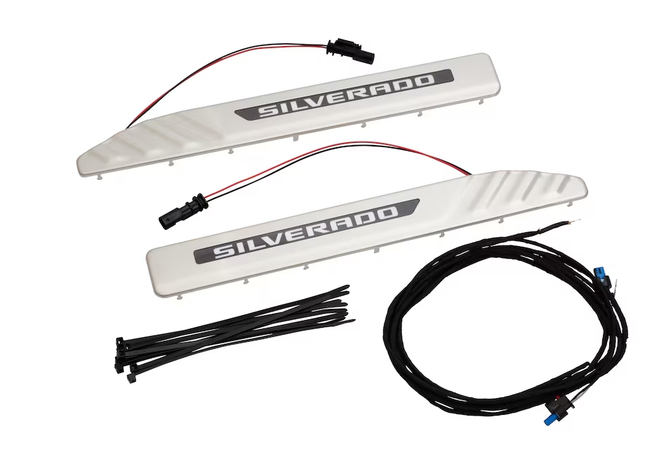 Illuminated Front Door Sill Plates in Stainless Steel with Silverado Script 85527845